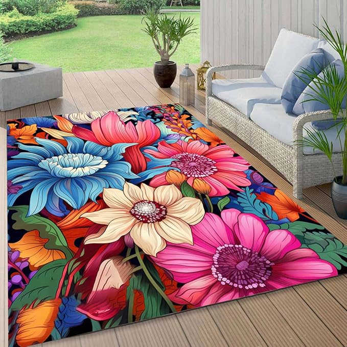 Floral Outdoor Rug Vibrant Waterproof Non Slip Patio Rugs for Balcony Garden Camping Poolside 9x12 Machine Washable Porch Deck Flower Print Outside Carpet Vintage Bathmat Blue Pink