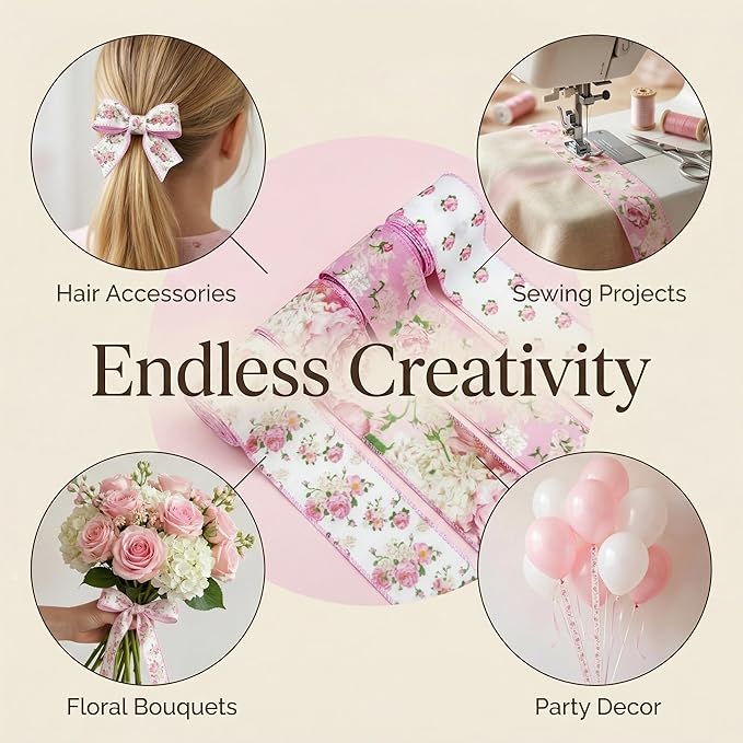 Pink Floral Ribbon with Wire, Vintage Rose Wired Ribbon for Bow Making, Wreath Craft, Gift Wrap, Spring Summer Holiday Wedding Birthday Baby Shower Party Home Decor,4 Rolls,2.5 Inch (Pink)