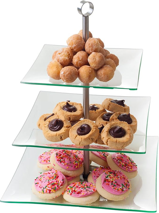 Home Dess Chef Buddy Three Tier Square Glass Buffet and Dessert Stand, 1 Pack, Clear