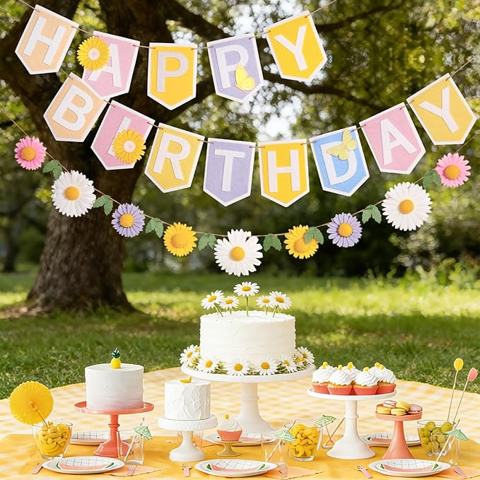 SUNBEAUTY Felt Pastel Happy Birthday Banner Daisy Garland Banner Colorful Floral Green Leaves Garland Daisy Party Decorations for Women Girls Boho Birthday Baby Shower Spring Summer Garden (8.2ft)