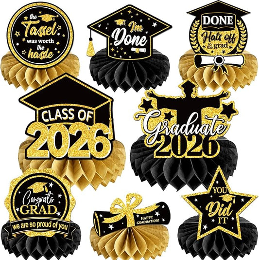 PATIAI 8PCS Black and Gold Graduation Party Decorations Class of 2026 Congrats Grad Honeycomb Centerpieces Black Congratulate Table Toppers for Party Favor Supplies (Black Gold)