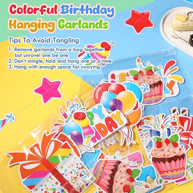 Daifunli 8 Pcs Happy Birthday Party Decorations Let's Party Garland Streamers Colorful Rainbow Birthday Theme Hanging Paper Cutouts Banner for Wall Backdrop Classroom Door Ceiling Decorations Supplies
