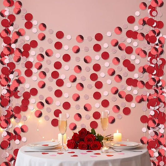 Outus 10 Pieces Red,Pink Round Dots Garland Graduation Party Hanging Decor Each Length 13.1ft Glitter Paper Dot Streamers for Birthday Wedding Classroom Supplies