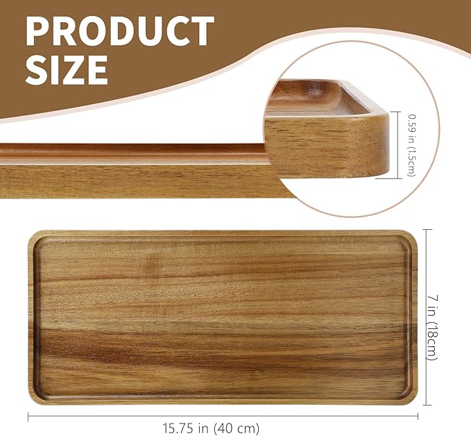 2 pcs 15.7" x 7" Large Solid Acacia Wood Serving Trays Rectangular Wooden Serving Platters Natural Wooden Boards for Bar Coffee Party