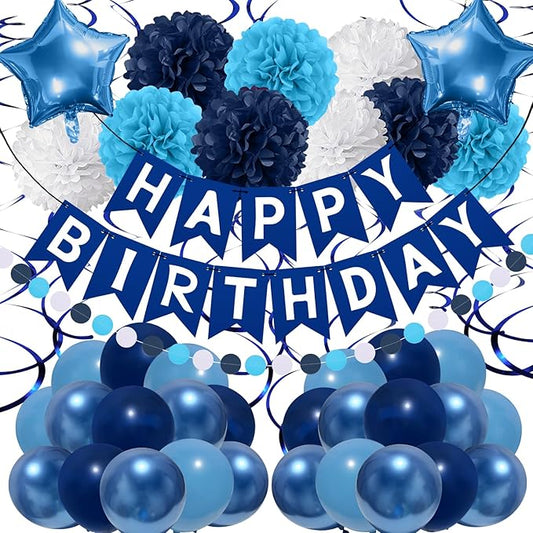 Navy Blue Birthday Decorations, Happy Birthday Banner with Paper Pompoms, Hanging Swirls, Garland, Party Balloons Happy Birthday Party Decorations for Women Men Boys Girls