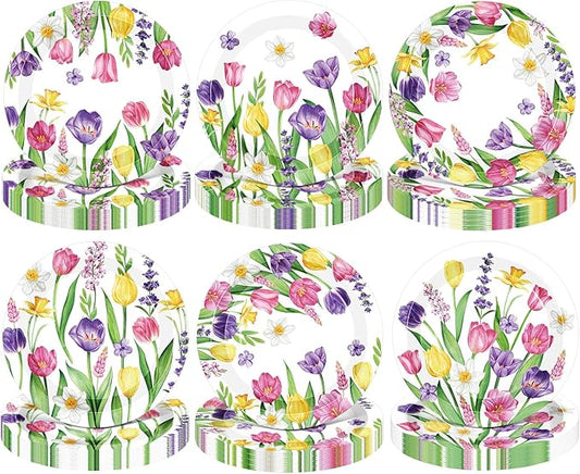 Umigy 120 Pcs Spring Floral Paper Plate 7 Inch Floral Party Plate Tulip Paper Plates Colorful Dinner Plates for Birthday, Baby Shower, Bridal Shower & Garden Themed Party Decoration