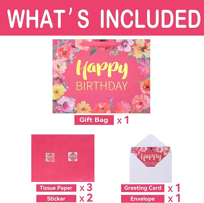 Qirrmiy 16.5'' Extra Large Happy Birthday Gift Bag Set with Handles, Greeting Card, Tissue Papers and Stickers for Women Girls, Gold Foil Happy Birthday & Floral Design, 1 Pcs