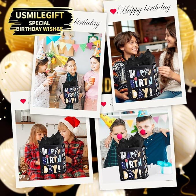 13" Black Happy Birthday Bag with Tissue Paper and Greeting Card for Party,Happy Birthday Gift Bag for Boys, Kids, Men,Gift Bags Medium size (1 PCS Black, Gift Bag)