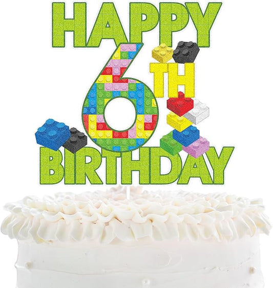 Happy 6th Birthday Building Block Cake Topper - Puzzle Games Boy's 6th Birthday Party Green Cake Topper Supplies - Building Block Party Decoration For Boy