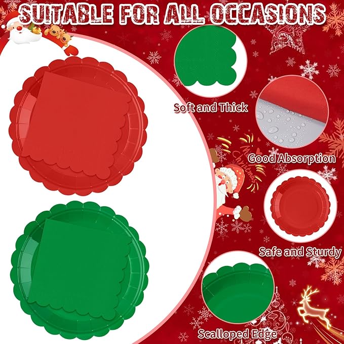120 Pcs Christmas Paper Plates and Napkins Party Supplies Bulk Disposable 7 Inch Scalloped Plates Cocktail Napkins for Xmas Holiday Wedding Birthday Decoration, Serve 60 Guests(Red and Green)