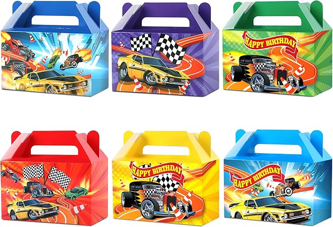 24Pcs Hot Car Happy Birthday Party Decoration Race Car Party Treat Boxes Supplies Wheels Wild Goodie Gift Boxes Racing Theme Checkered Flag Decors for Kids Boys Birthday Baby Shower Game Favors
