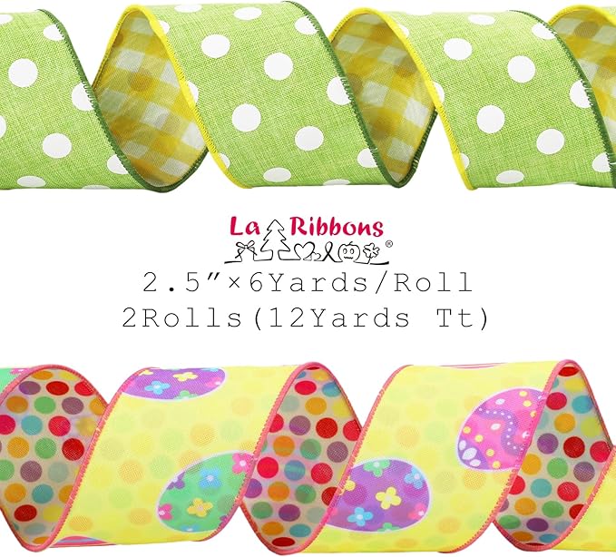 LaRibbons Double Faced Easter Ribbon Wired 2 Rolls 2.5 Inch x 12 Yards TTL, Pink Green Yellow Polka Dot Plaid Burlap Ribbon for Baskets Crafts Gift Wrapping Wreath Bow Decoration