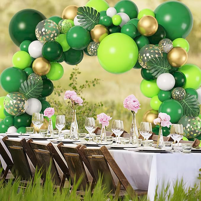 Amandir 163Pcs Jungle Party Balloons Garland Arch Kit, Gold Lime Green Balloons with Artificial Tropical Palm Leaves for Dinosaur Safari Decorations Wild One Birthday St Patricks Day Party Supplies
