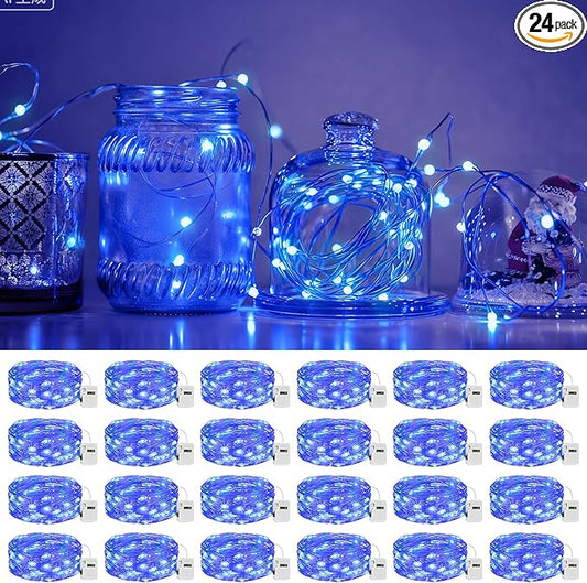 litogo 24 Pack 7FT 20 LED Fairy Lights Battery Operated, 3 Lighting Modes, Bulk Mini Twinkle String Lights Waterproof Silver Wire for Weddings Mason Jars Party Christmas Decorations-Blue