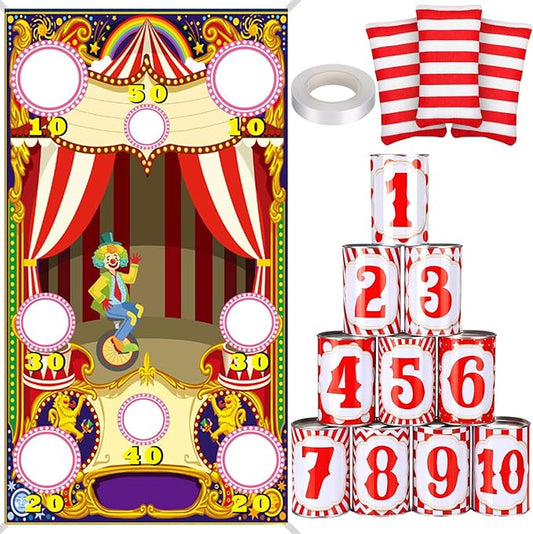 14 Pcs Carnival Bean Bag Toss Games with 10 Carnival Can 3 Bean Bag and 1 Banner for Family Party Birthday Easter Outdoor Activities