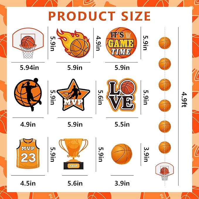 Basketball Party Decorations 8 Pcs Basketball Garland Banner Pre-Strung Basketball Hanging Garland Decor for Home Classroom Sports Themed Birthday Party Game Fans