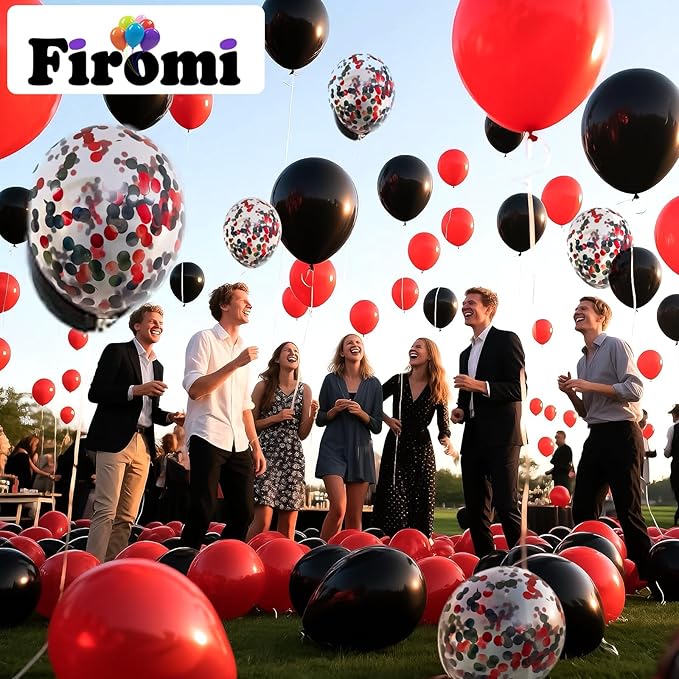 Firomi Red Black Latex Balloons 12 Inch 70 pack Set Black and Red Confetti Balloons for Birthday Wedding Party (with 2 Ribbons)