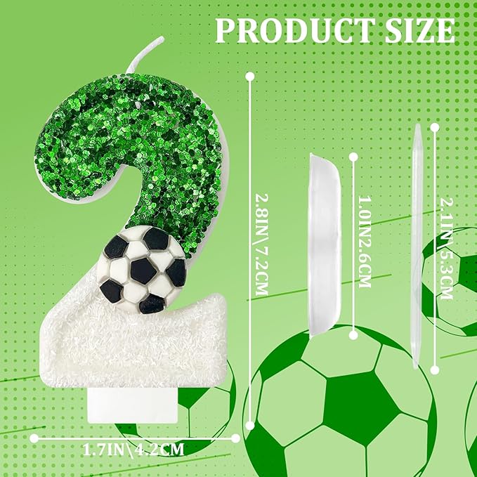Birthday Candles，Soccer Birthday Decorations，Soccer Cake Topper,for Girl and boy Cake Toppers, Wedding Cakes, Anniversaries, Party Celebrations, Birthday Decorations (Green White, Number 2)