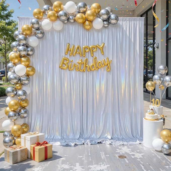 20x10ft Glitter Sequin Silver Backdrop Curtains Photo Backdrop Curtain Fabric Rainbow Shimmer Drapes Backdrop Bridal Baby Shower Wedding Birthday Party Photography Backdrop Photoshoot 5x10FT, 4 Panels