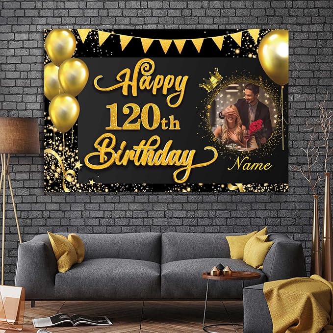 Custom Happy 120th Birthday Decorations Banner -120 Years Old Backdrop for Women Men Boys Girls - Personalization Party Supplies Black and Gold, Gold-120th,