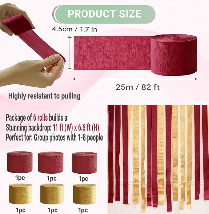 Burgundy Gold Crepe Paper Streamers Birthday Backdrop fringe-11 ft(W) x6.6 ft(H) Party Curtain for Birthday Banners-Background for Party Balloons Gold and Burgundy 492ft -6 Rolls Each 82ft