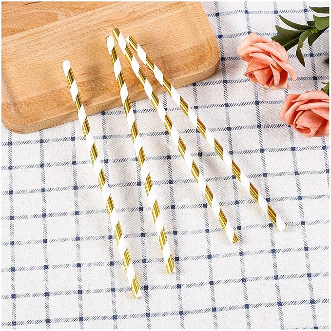 Shining Gold Striped Paper Straws, 100% Biodegradable Decorate Straws, Premium Cocktails Straws for Drinking, Juice, Smoothie Packed 100
