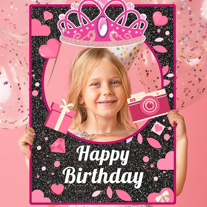 30 Pcs Pink Girls Birthday Photo Booth Props Kit - Hot Pink Princess Birthday Party Decoration Set with Real Glitter Cute Designs for Her, Funny Selfie Photo Booth Props for Kids Girls Any Bday Party