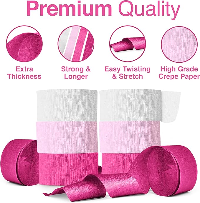 Pink Crepe Paper Streamers, Pink Party Decorations - 8 Large Rolls, 2in x 120ft Each Roll - Decorative Creped Roll for Birthday, Festival, Wedding, Backdrop or Photo Booth Decoration and Flower Making