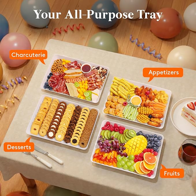 Lifewit Large Plastic Serving Trays, 14.5" x 9.5" Reusable Food Serving Platters, White Catering Trays for Parties, Buffet, Snacks, Fruit, Appetizers & Charcuterie, BPA-Free, Set of 6