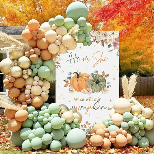 AIBIIN 117Pcs Fall Pumpkin Gender Reveal Balloon Set He or She What Will Our Pumpkin Be Party Decorations Autumn Floral Boy or Girl Gender Reveal Theme Party Supplies