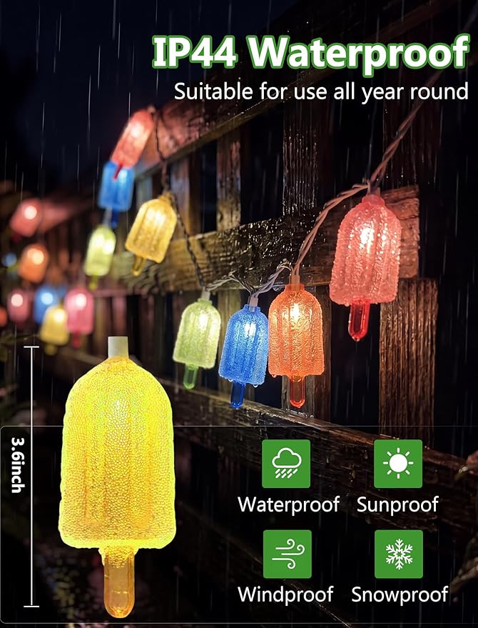 Tropical Beach Themed LED Popsicle String Lights 8.5Ft Summer Novelty Decorations Light with 10 Multicolor Ice Cream Lights, Plug in Fairy Light for Outdoor Patio Garden Bedroom Tent Birthday Party