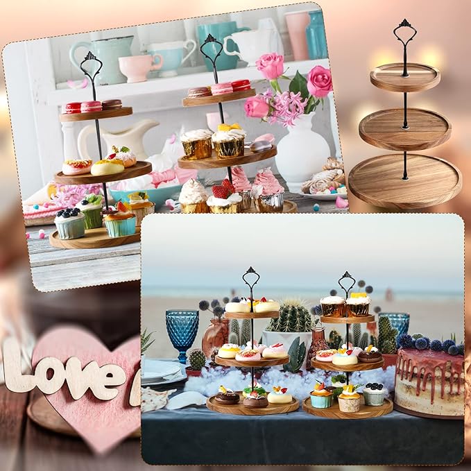 Zopeal 3 Set 3 Tier Wood Cupcake Stand,Rustic Wooden Serving Tray Farmhouse Dessert Display Tiered Cake Tower Holder for Kitchen Wedding Birthday Tea Party Decorations(Large(7.9''9.8''11.8''))