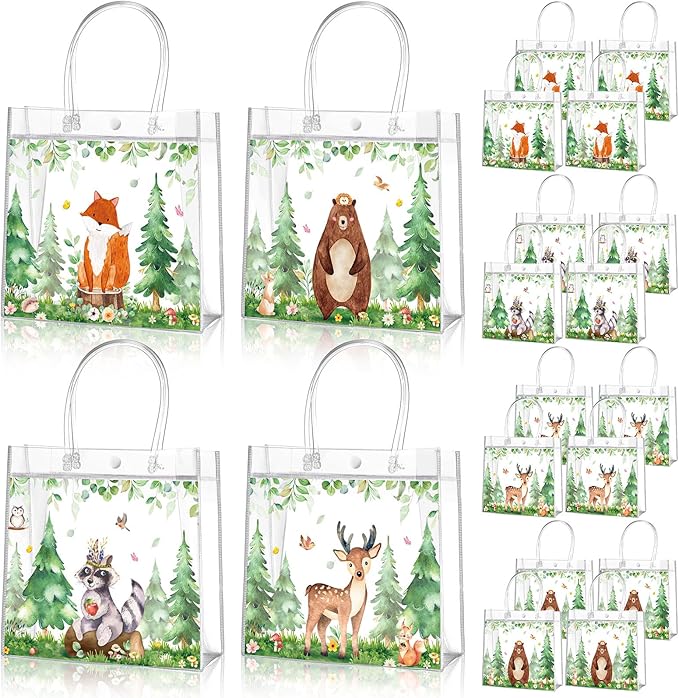 Aliceset 20 Pcs Woodland Baby Shower Favor Bags with Handles Clear Party Treat Bags for Forest Baby Shower Woodland Themed Birthday Gender Reveal Decorations Supplies, 8x8x3.15 Inch