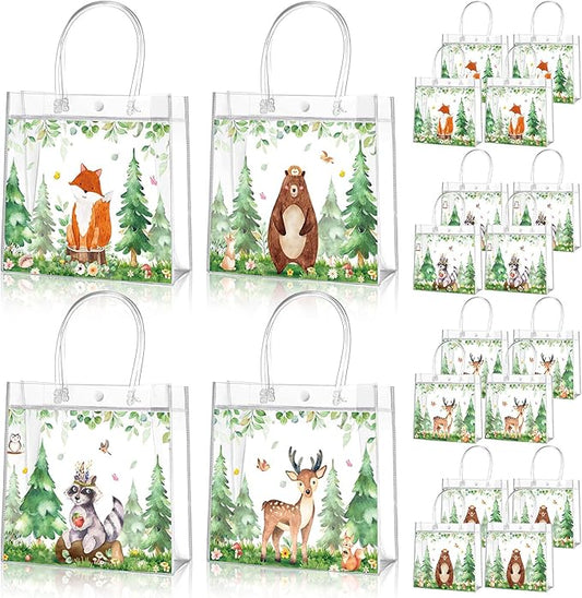 Aliceset 20 Pcs Woodland Baby Shower Favor Bags with Handles Clear Party Treat Bags for Forest Baby Shower Woodland Themed Birthday Gender Reveal Decorations Supplies, 8x8x3.15 Inch