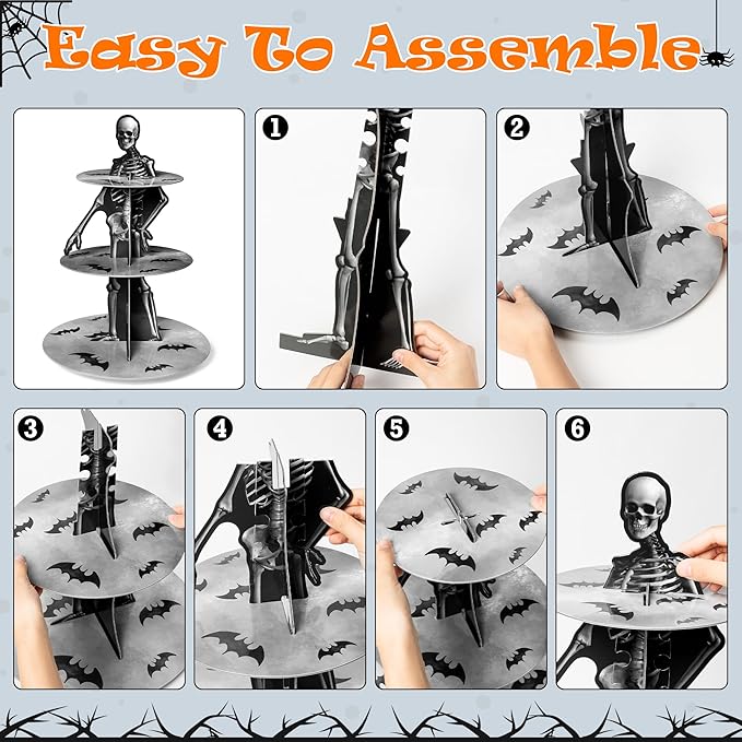 Haooryx Halloween Skeleton Cupcake Stand - 3 Tier Scary Bone Cupcake Tower Cardboard Gothic Style Black Dessert Holder Pastry Platter for Halloween Theme Party Table Decoration Birthday Party Supplies