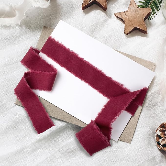 Burgundy Cotton Linen Ribbon 1.5" x 21 Yds - Boho Vintage Rustic Ribbon for Gift Wrapping, Wedding Invitations, Bridal Bouquets & DIY Crafts