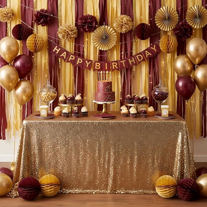 CC wonderland zone 6 Rolls Burgundy and Glod Crepe Paper,Maroon and Glod Paper Streamers for Birthday Party Decorations