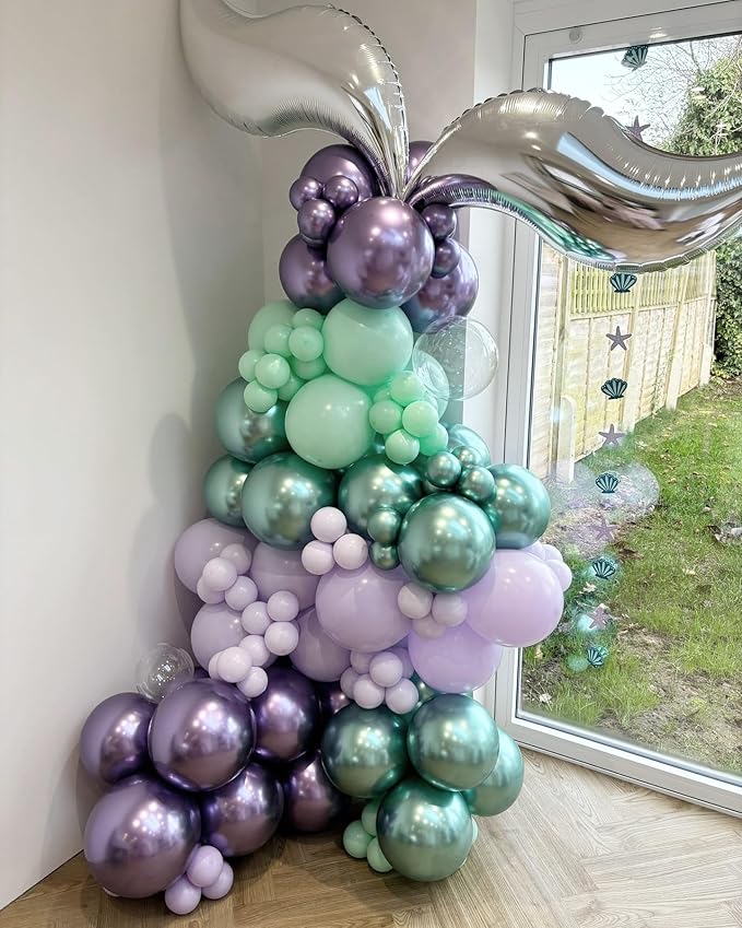Mermaid Balloon Arch Kit, 122pcs Pink Purple Teal Mermaid Balloons with Silver Tail Foil Balloon 16ft Tape Strip & Dot Glue for Birthday Mermaid Party Decorations