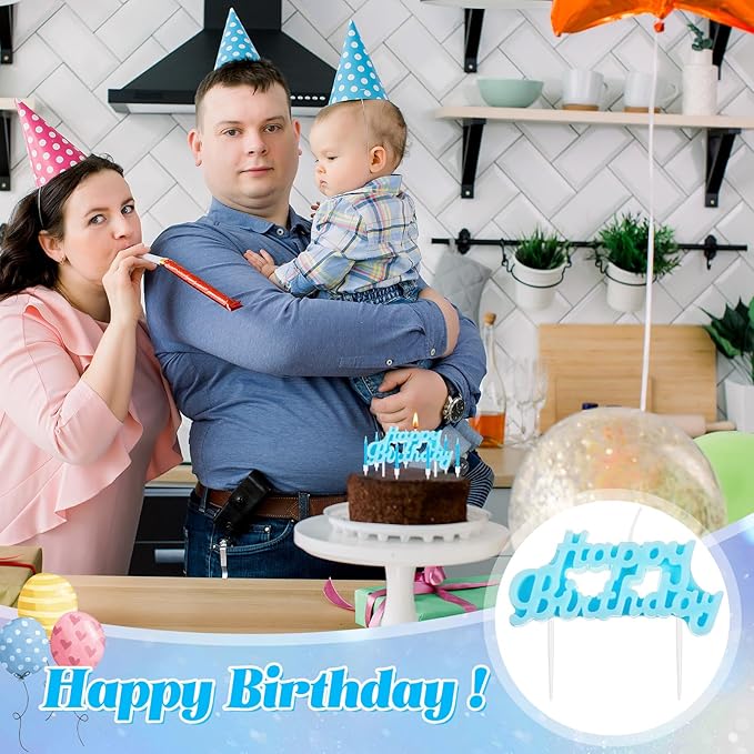 MTLEE Happy Birthday Candles Letter Cake Topper with 10 Pcs 2.95 Inch Short Thin Spiral Candles for Cake Topper Birthday Decoration Party Supplies(Blue)