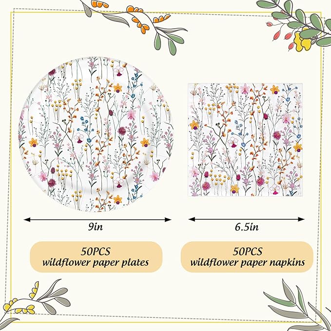 Whaline 100pcs Floral Party Supplies Kit Serves 50 Wildflower Paper Plates and Napkins Flower Disposable Tableware Decorative Dinnerware Set for Spring Picnic Wedding Birthday Baby Shower Party