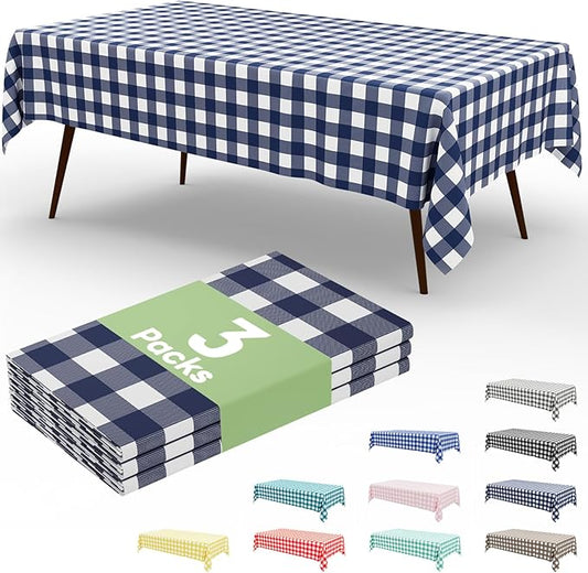 Smiry 3 Pack Navy Gingham Disposable Tablecloths - 54" x 108" Heavy Duty Plastic Table Cloth, Waterproof Buffalo Plaid Table Covers for Picnic, Banquets, Outdoor Parties