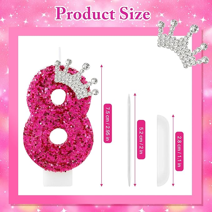 AKURIEEY Hot Pink Birthday Candles Crown Number 8 Candle Birthday Party Decorations Cake Topper Cupcake Decor for Anniversary Celebrations Supplies