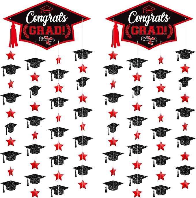 Graduation Decorations 2026, Black and Red Cap Garland - Pack of 2, No DIY | Congrats Grad Garlands for Wall Decor | Cap Garland for Graduation Party Decorations, 2026 Graduation Decoration, KatchOn