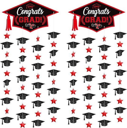 Graduation Decorations 2026, Black and Red Cap Garland - Pack of 2, No DIY | Congrats Grad Garlands for Wall Decor | Cap Garland for Graduation Party Decorations, 2026 Graduation Decoration, KatchOn