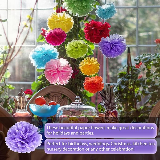 Qimoo 20pcs Light Purple Paper Pom Poms Decorations, DIY Decorative Tissue Paper Pom-poms Flowers Ball for Party Wedding Outdoor Decoration