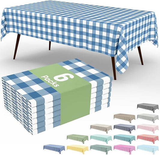 Smiry 6 Pack Aquamarine Gingham Disposable Tablecloths - 54" x 108" Heavy Duty Plastic Table Cloth, Waterproof Buffalo Plaid Table Covers for Picnic, Banquets, Parties