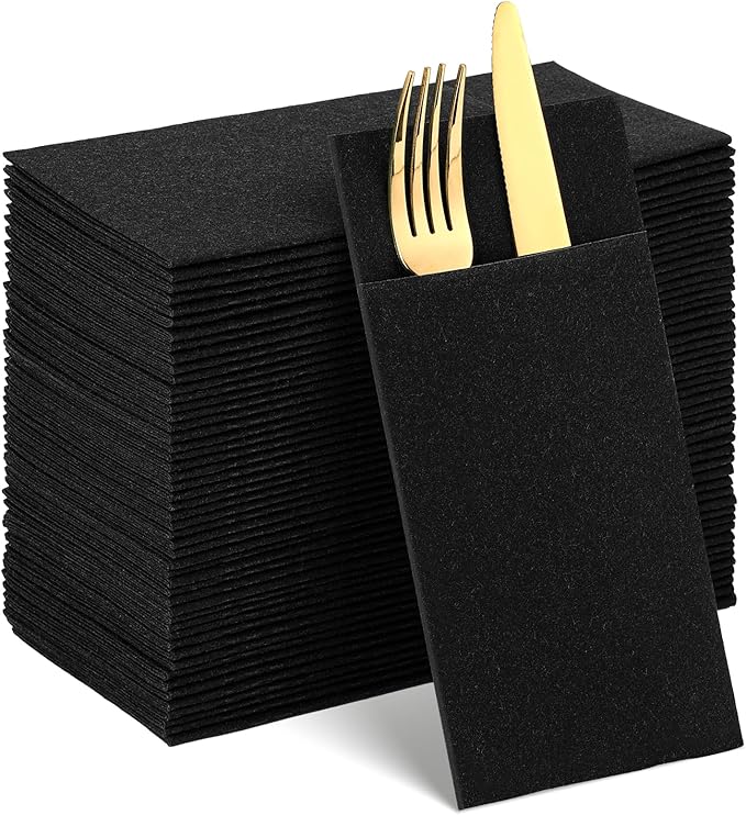 60 Pcs Black Linen-Feel Paper Napkins with Built-in Flatware Pocket, Graduation Pocket Linen Napkin Prefolded Cloth Like Paper Napkins Bulk for New Year Silverware Birthday Bathroom Weddings Party