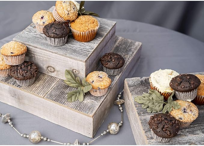 BARNWOODUSA Wood Cake Stand Set of 3 Natural Weathered Gray Rustic Wooden Wedding Dessert Stand Vintage Sturdy 100% Reclaimed Wood