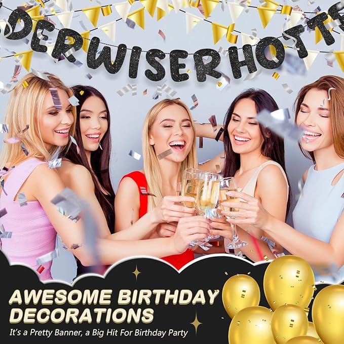 Fulmoon Set of 3 Pre Strung Older Wiser Hotter Glitter Banner Funny Birthday Banner for Women 30th 40th 50th 60th 70th 80th Birthday Party Decorations Sign Gift(Black)