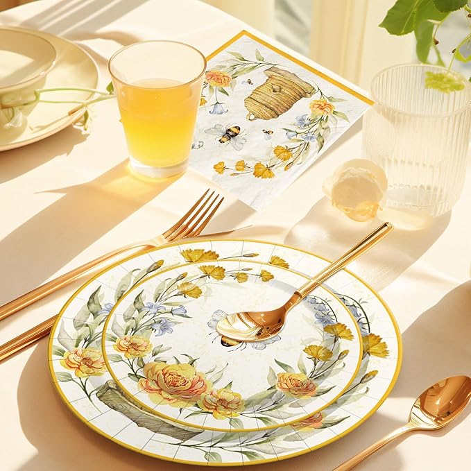 Whaline Bee Paper Plates and Napkins Set Summer Bee Flower Disposable Dinnerware for Wedding Birthday Baby Shower Holiday Tableware Party Supplies Table Decor, Serve 24